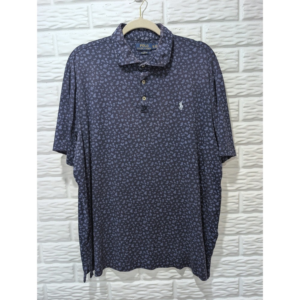 Polo Ralph Lauren Mens XL Classic Fit Floral Print Cotton Polo Shirt Navy Blue